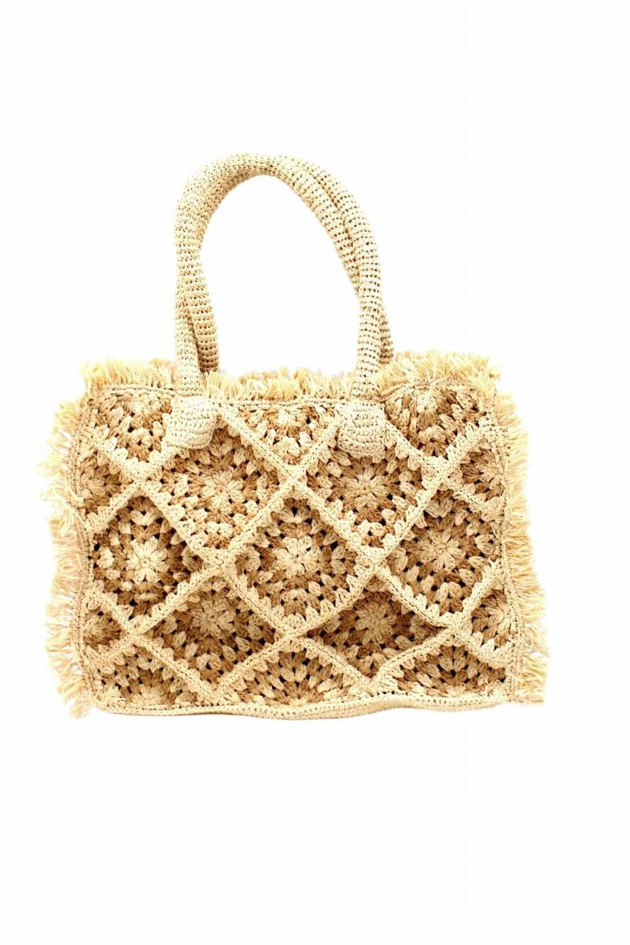 NEW SHEBOBO women's leo crochet granny square pattern fringed straw shoulder bag